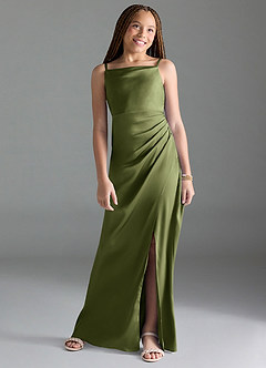 Azazie Leonis Junior Olive A-Line Pleated Stretch Satin Dress image1