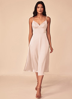 Azazie Dottie Robes de demoiselle d'honneur Robe Trapèze en Satin extensible Rose Pâle image1