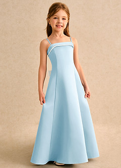 Azazie Izel Girls Formal vestidos de niña de las flores Vestido de Marfil Azul Cielo de Satin Mate de Corte en A con Plisado image3