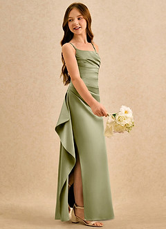 Azazie Cannoli Girls Formal Robe Demoiselle D'honneur Fillette Robe Trapèze en Mat Satiné Plissée Vert Mousse image4