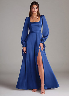 Azazie Leonia Bridesmaid Dresses Royal Blue A-Line Long Sleeve Stretch Satin Dress image1