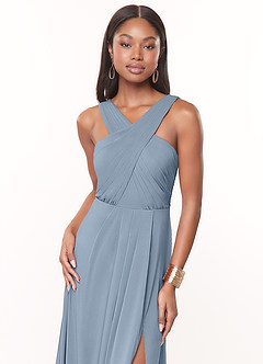 Azazie Brandie Jurken voor bruidsmeisjes Jurk van Rek chiffon met A-Lijn Geplooid Stoffig Blauw image5