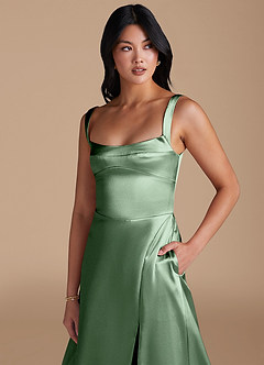 Azazie Hope Vestidos de damas de honor Vestido de Matcha de Satén Metálico de Corte en A con Con bolsillos image3