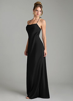Azazie Mae At-home Try On Dresses Black Mermaid Pleated Stretch Satin Dress image4