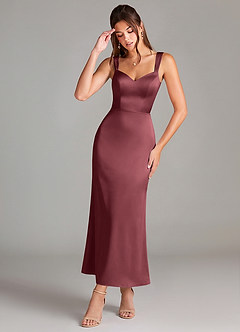 Azazie Denice Jurken voor bruidsmeisjes Jurk van Stretch Satijn met Kolom Geplooid Merlot image1