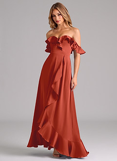Azazie Lyra Bridesmaid Dresses Rust A-Line Off the Shoulder Stretch Satin Convertible Dress image4
