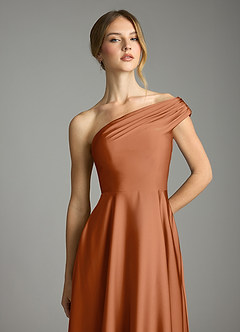 Azazie Melanie Bridesmaid Dresses Copper A-Line Off the Shoulder Stretch Satin Dress image6