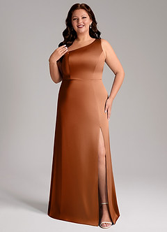 Azazie Phaedra Bridesmaid Dresses Copper A-Line One Shoulder Stretch Satin Dress image1