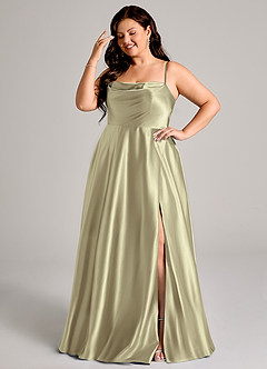 Azazie Elle Bridesmaid Dresses Moss Green A-Line with Pockets Metallic Satin Dress image4
