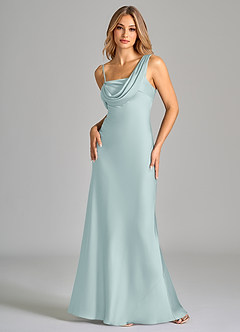 Azazie Celina Bridesmaid Dresses Mist Sheath Off the Shoulder Stretch Satin Dress image3
