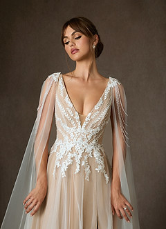 Azazie Goddess Wedding Dresses Diamond White Sand A-Line V-Neck Sequins Tulle Dress image7