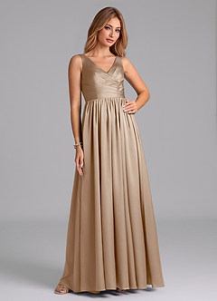 Azazie Keyla Final Sale Taupe A-Line Pleated Stretch Satin Dress image6