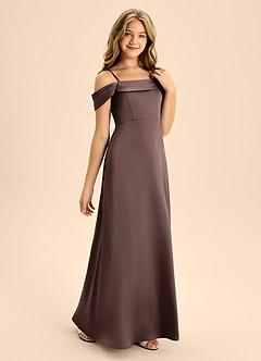 Azazie Anselie Junior Ganache A-Line Off the Shoulder Stretch Satin Dress image5