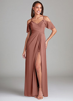 Azazie Dakota Bridesmaid Dresses Cedar Rose A-Line Off the Shoulder Mesh Dress image1