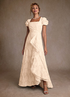 Azazie Hermina Mother of the Bride Dresses Cream Jacquard A-Line Pleated Floral Jacquard Dress image1