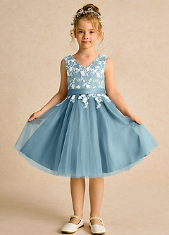 Azazie Butterfly Flower Girl Dresses Moody Blue A-Line Lace Dress image2