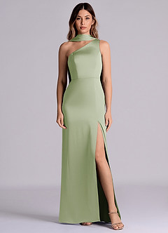 Azazie Philana 신부 들러리 드레스 A라인 한쪽 어깨 스트레치 새틴 바닥 길이 드레스 image1