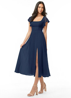 Azazie Bondi Bridesmaid Dresses Dark Navy A-Line Ruched Chiffon Dress image3