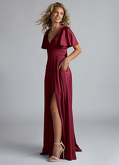 Azazie Kimber Bridesmaid Dresses Burgundy A-Line Ruched Stretch Satin Dress image12