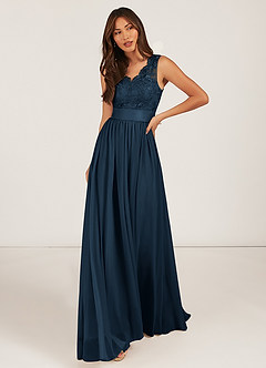 Azazie Gertrude Bridesmaid Dresses Dark Navy A-Line Lace Chiffon Dress image1