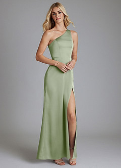 Azazie Phaedra Vestidos de damas de honor Vestido de Salvia Polvorienta de Satén Elástico de Corte en A con Hombro unilateral image4