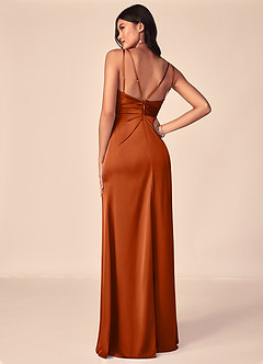 Azazie Aqua Bridesmaid Dresses Burnt Orange A-Line V-Neck Pleated Stretch Satin Dress image2