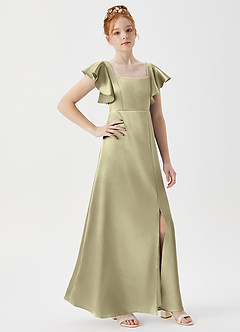 Azazie Bondi Junior Moss Green A-Line Side Slit Metallic Satin Dress image3