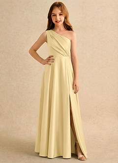 Azazie Puddles Girls Formal Jurken voor bloemenmeisjes A-lijn Jurk van Stretch Satijn One-shoulder Boter image1