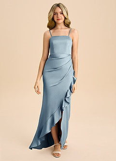 Azazie Buzzy Junior Dusty Blue Sheath Pleated Stretch Satin Dress image4