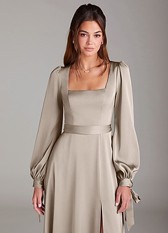 Azazie Leonia Bridesmaid Dresses Frost A-Line Long Sleeve Stretch Satin Dress image6