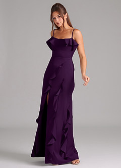 Azazie Malia Bridesmaid Dresses Grape A-Line Side Slit Stretch Satin Dress image4