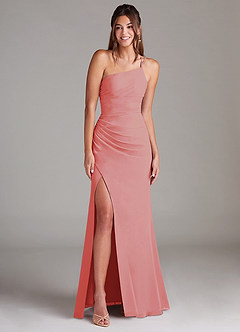 Azazie Eren Bridesmaid Dresses Coral Sheath One Shoulder Chiffon Dress image3