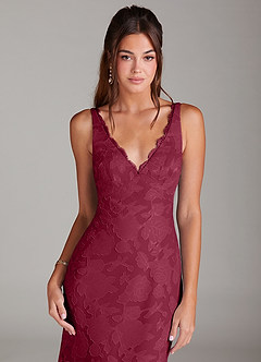 Azazie Tianna Bridesmaid Dresses Burgundy Sheath Lace Floral Burnout Dress image5