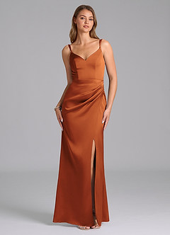 Azazie Leo Bridesmaid Dresses Cinnamon Sheath Pleated Stretch Satin Dress image1