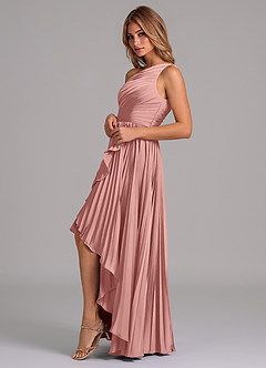 Azazie Lyrica 신부 들러리 드레스 A라인 한쪽 어깨 스트레치 새틴 비대칭 드레스 image5