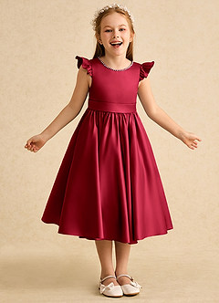Azazie Dumpling Flower Girl Dresses Scarlet A-Line Bow Matte Satin Dress image2