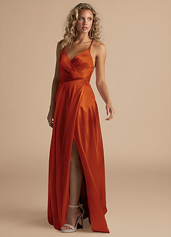 Azazie Davis Jurken voor bruidsmeisjes Jurk van Metaalachtig Satijn met A-Lijn Geplooid Paprika image5