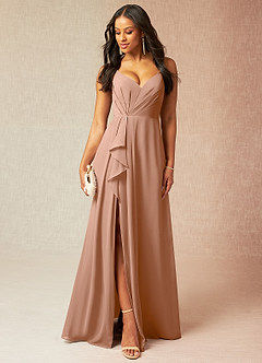 Azazie Kyedae Bridesmaid Dresses Champagne Rose A-Line V-Neck Pleated Chiffon Dress image1