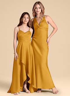 Azazie Prisha Junior Butterscotch A-Line Pleated Stretch Satin Dress image3