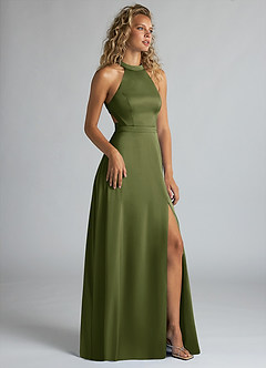 Azazie Clarice Bridesmaid Dresses Olive A-Line High Neck Stretch Satin Dress image2