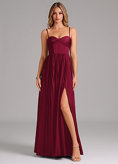 Azazie Akiko Bridesmaid Dresses Burgundy A-Line Sweetheart Neckline Stretch Satin Dress image1