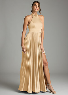 Azazie Zienna 신부 들러리 드레스 A라인 주름진 스트레치 새틴 바닥 길이 드레스 image1