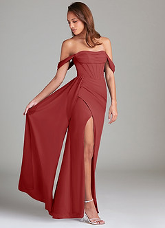 Azazie Amyra Bridesmaid Dresses Rust Sheath Off the Shoulder Chiffon Convertible Dress image2