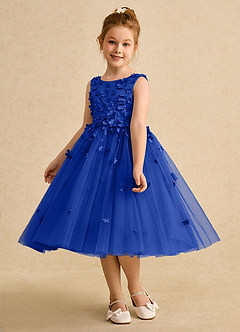 Azazie Lana Blumenmädchenkleider A-Linie ärmellos Matte Satin Kleid Königsblau image3