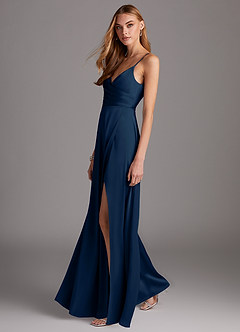 Azazie Calissa Bridesmaid Dresses Dark Navy A-Line V-Neck Pleated Stretch Satin Dress image4