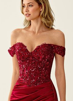 Helia Rot Off-Shoulder Korsett Gerafft Satin Meerjungfrau Kleid image5