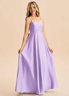 Azazie Rumi Junior A-Line Plisseret Stræk satin Gulv-længde Junior brudepige Kjole image5