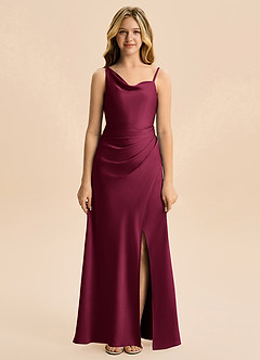 Azazie Abby Junior Burgundy Sheath Pleated Stretch Satin Dress image5