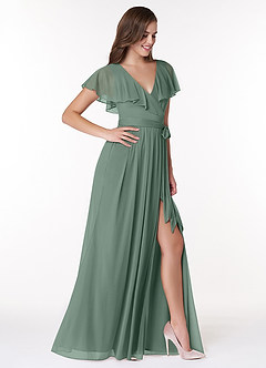 Azazie Jael Bridesmaid Dresses Eucalyptus A-Line V-Neck Mesh Dress image4