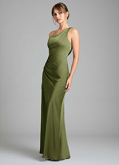 Azazie Madelyn Bridesmaid Dresses Olive Mermaid One Shoulder Stretch Satin Convertible Dress image6
